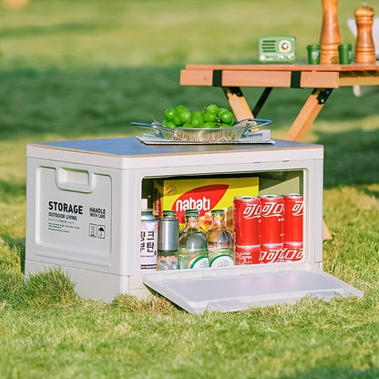50L Collapsible Storage Bin with Lid, Foldable Plastic Storage Box with Wooden Top and Handles, 1 Pack