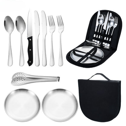 10 piece stainless steel camping utensil set - portable and durable outdoor picnic utensil, including plates, forks, spoons, and cups - suitable for hiking, backpacking, and camping adventures - perfect for outdoor dining essentials