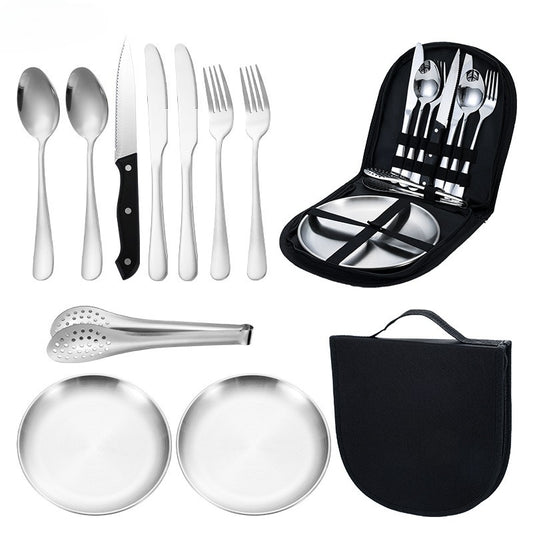 10 piece stainless steel camping utensil set - portable and durable outdoor picnic utensil, including plates, forks, spoons, and cups - suitable for hiking, backpacking, and camping adventures - perfect for outdoor dining essentials