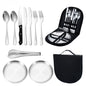 10 piece stainless steel camping utensil set - portable and durable outdoor picnic utensil, including plates, forks, spoons, and cups - suitable for hiking, backpacking, and camping adventures - perfect for outdoor dining essentials