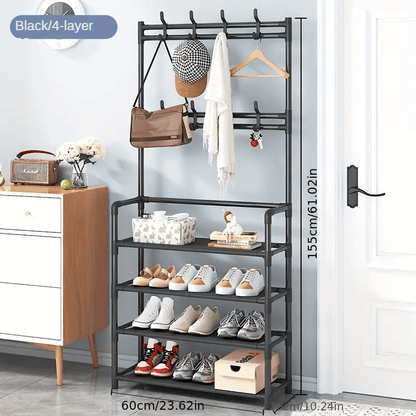 Simple Houseware Coat Rack with Shelf, Standing Hall Tree with Hooks, Black | For Entryway, Bedroom, Office, Black Metal Clothes Hanger Stand for Coats, Hats, Jackets, Bags