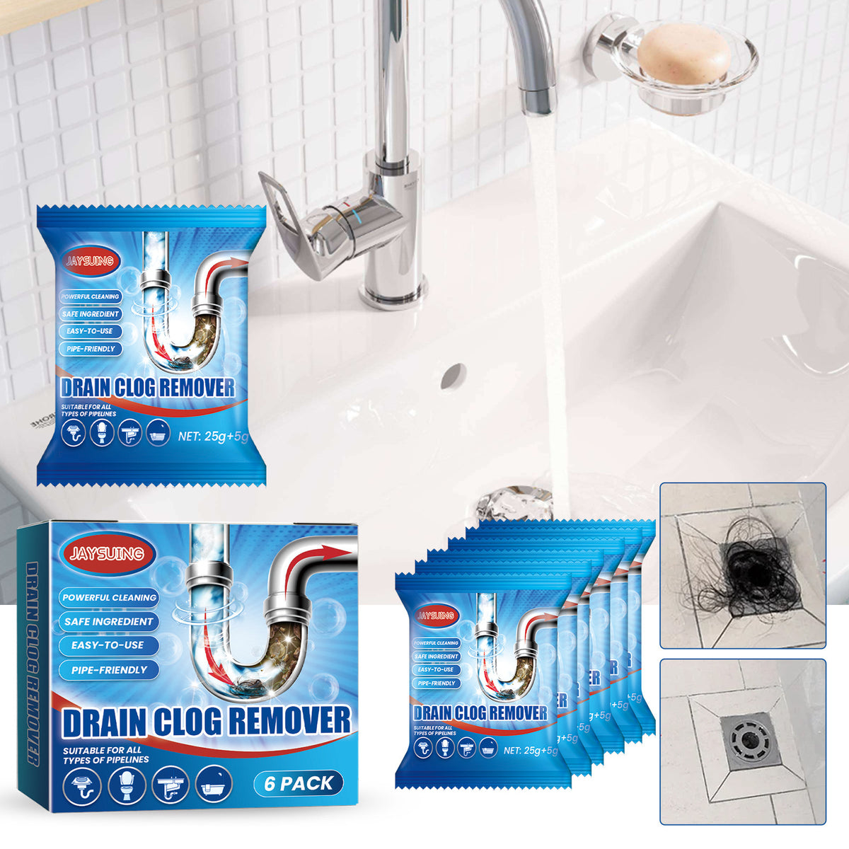 Drain Cleaner Powder for Kitchen & Bathroom, Pipe Unclogging Powder for Sink & Toilet, Fast-Acting Clog Remover for Grease Hair & Odour, Professional Strength