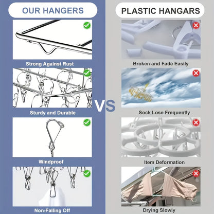 Stainless Steel Sock Drying Rack with 60 Clips, Swivel Hook Wind-Proof Clothes Hanger Rack for Sock, Bras, Underwear, Laundry Accessories