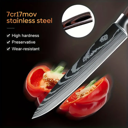 Six Piece Professional Damascus Steel Kitchen Knife Set - All Stainless Steel, With Laser Engraved Patterns, Including Debonding And Slicing Knives, Suitable For Home Use, Comes With A Knife Holder.