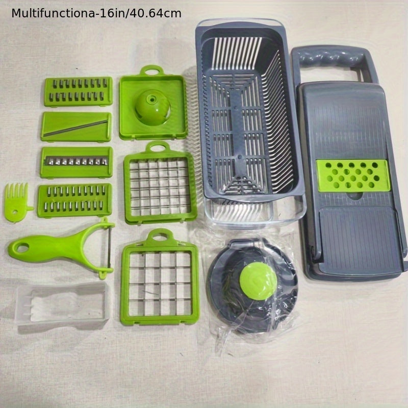 [16-in-1 Efficient Meal Preparation] Multi-function Vegetable Cutter, Vegetable Slicer, Shredder, Dicer, Manual Onion and Potato Grater/ Safety Hand Guard and Container/ Electricity-Free Kitchen Cooker