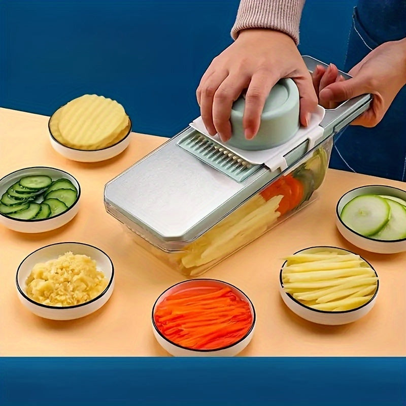 [16-in-1 Efficient Meal Preparation] Multi-function Vegetable Cutter, Vegetable Slicer, Shredder, Dicer, Manual Onion and Potato Grater/ Safety Hand Guard and Container/ Electricity-Free Kitchen Cooker
