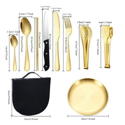 10 piece stainless steel camping utensil set - portable and durable outdoor picnic utensil, including plates, forks, spoons, and cups - suitable for hiking, backpacking, and camping adventures - perfect for outdoor dining essentials