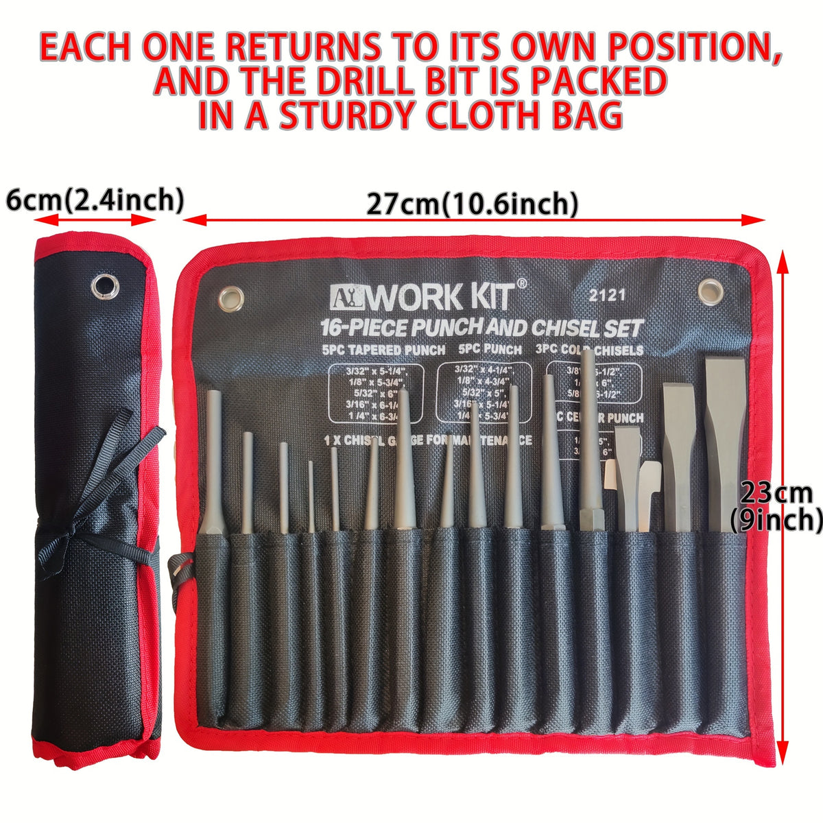 16-Piece Chrome Vanadium Steel Impact Chisel Set - Industrial Grade, Tapered, Pin, Center Punch, Includes Cold Chisel and Punch Kit