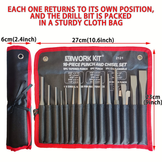 16-Piece Chrome Vanadium Steel Impact Chisel Set - Industrial Grade, Tapered, Pin, Center Punch, Includes Cold Chisel and Punch Kit