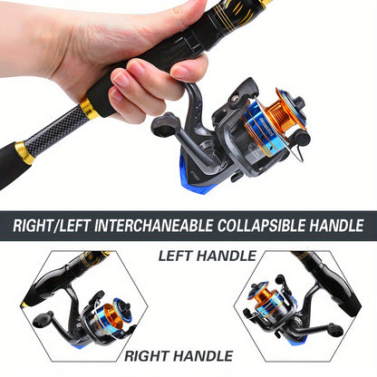 This 1.5-2.4m carbon fiber telescopic fishing set includes 12 minnows, soft bait, sinker, hook, and a camouflage backpack.