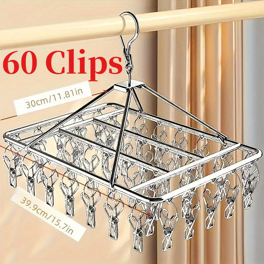 Stainless Steel Sock Drying Rack with 60 Clips, Swivel Hook Wind-Proof Clothes Hanger Rack for Sock, Bras, Underwear, Laundry Accessories