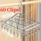 Stainless Steel Sock Drying Rack with 60 Clips, Swivel Hook Wind-Proof Clothes Hanger Rack for Sock, Bras, Underwear, Laundry Accessories