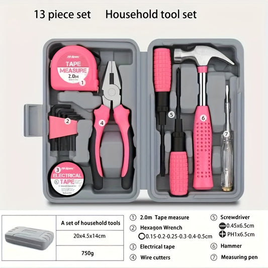 1 set of household tool set/ universal repair tool set for men and women, including hammer, measuring tape, pliers, screwdriver, portable portable tool box, DIY handmade gift for girlfriend, best friend, mother gift