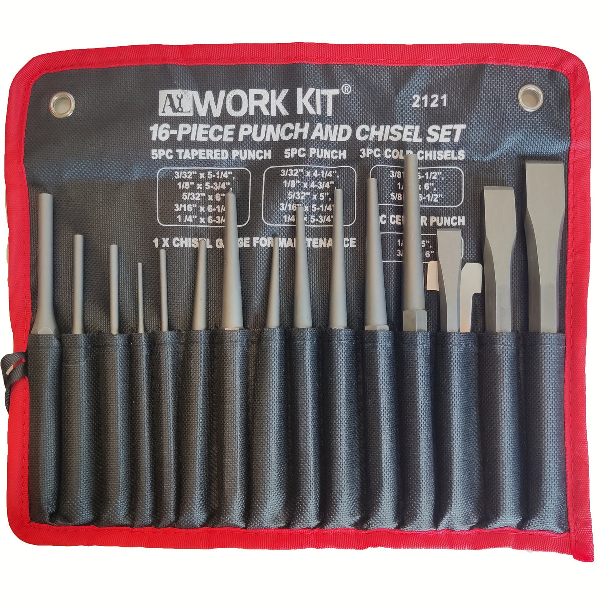 16-Piece Chrome Vanadium Steel Impact Chisel Set - Industrial Grade, Tapered, Pin, Center Punch, Includes Cold Chisel and Punch Kit