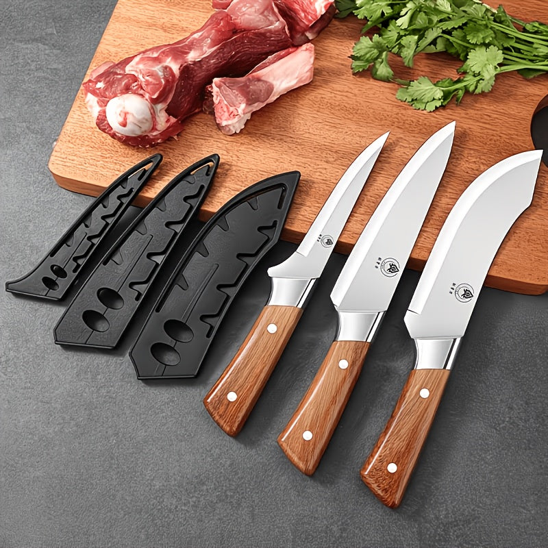 3-Piece Stainless Steel Knife Set (Chef's Knife, Carving Knife, Slicing Knife) - Includes Sheaths; Rust-Resistant, Sharp, Ergonomic Handles; Ideal for Meat, Vegetables, and Fruit; Perfect Christmas Gift.