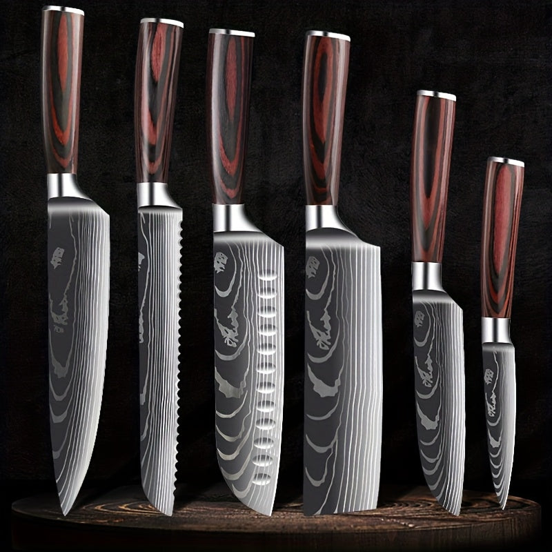 Six Piece Professional Damascus Steel Kitchen Knife Set - All Stainless Steel, With Laser Engraved Patterns, Including Debonding And Slicing Knives, Suitable For Home Use, Comes With A Knife Holder.