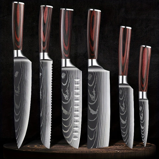 Six Piece Professional Damascus Steel Kitchen Knife Set - All Stainless Steel, With Laser Engraved Patterns, Including Debonding And Slicing Knives, Suitable For Home Use, Comes With A Knife Holder.