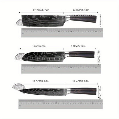 Six Piece Professional Damascus Steel Kitchen Knife Set - All Stainless Steel, With Laser Engraved Patterns, Including Debonding And Slicing Knives, Suitable For Home Use, Comes With A Knife Holder.