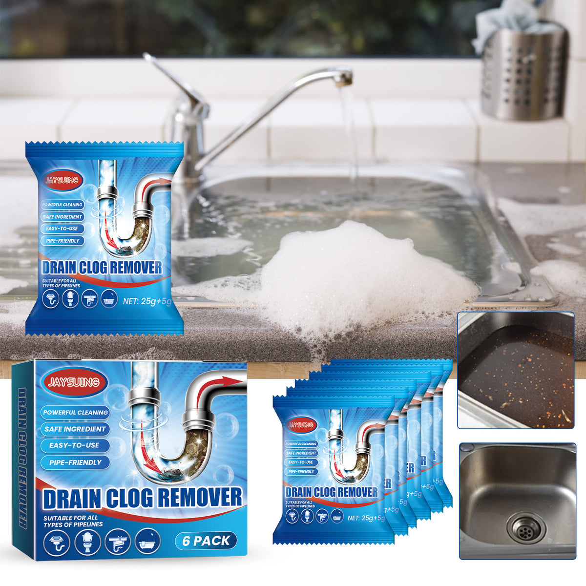 Drain Cleaner Powder for Kitchen & Bathroom, Pipe Unclogging Powder for Sink & Toilet, Fast-Acting Clog Remover for Grease Hair & Odour, Professional Strength