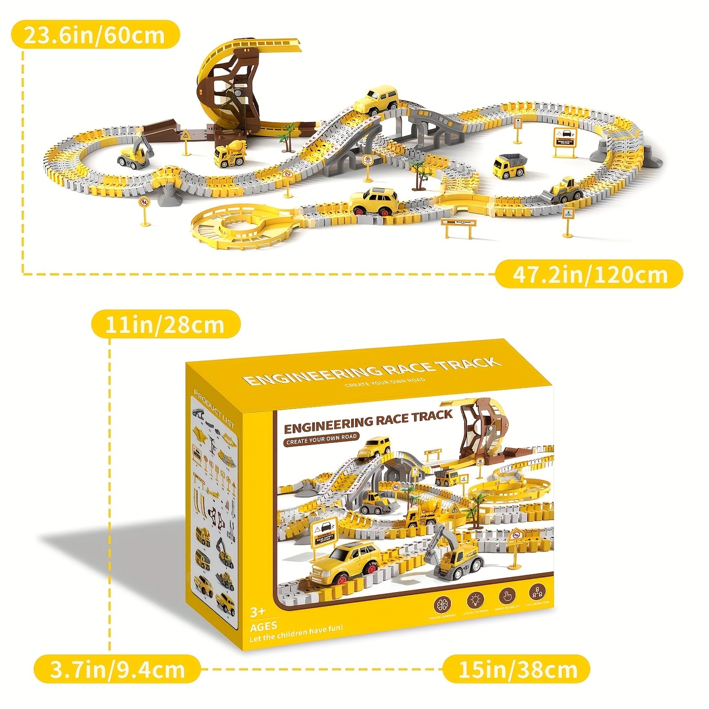 Kids Toys 288 PCS Construction Race Tracks Toy for 5 Year Old Boys Girls, Construction Truck Car and Flexible Track Play Set Create A Engineering Road Games Toddler Toys Birthday Gifts