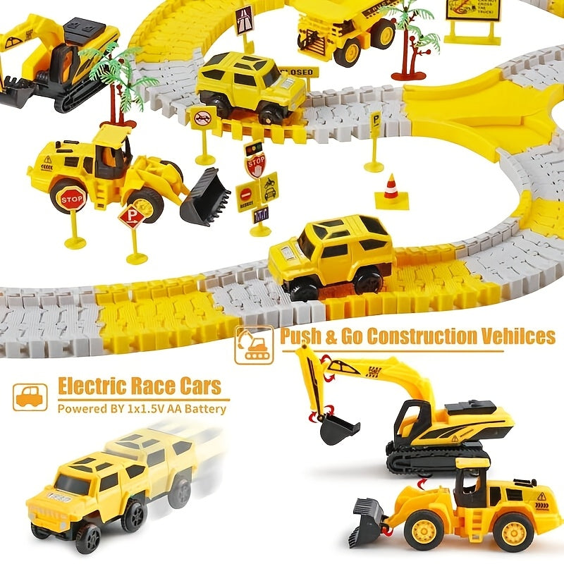 Kids Toys 288 PCS Construction Race Tracks Toy for 5 Year Old Boys Girls, Construction Truck Car and Flexible Track Play Set Create A Engineering Road Games Toddler Toys Birthday Gifts