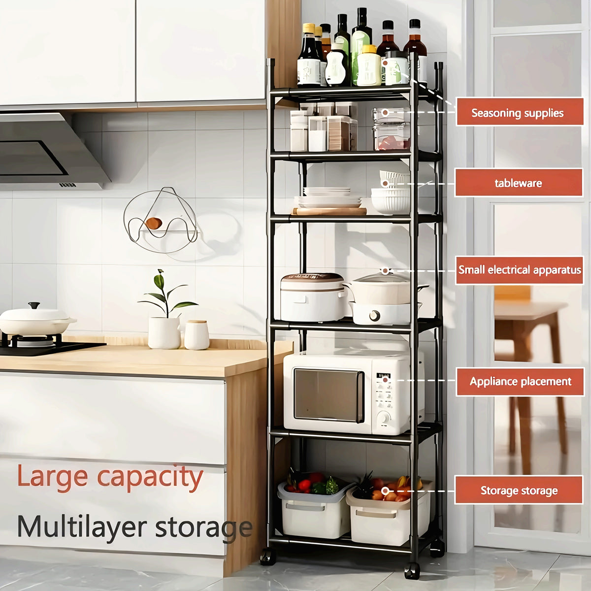 Multi layer kitchen storage rack - space saving floor storage rack for cookware and microwave ovens, no drilling required bathroom rack, for home use