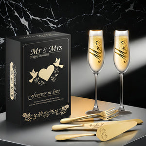 6pcs-Mr and Mrs Champagne Flutes, Bride and Groom Champagne Glasses, Wedding Cake Knife and Server Set, Cake Cutting Set for Wedding, Bridal Shower Gifts, Engagement Gifts for Couples