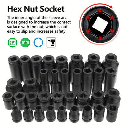 35-Piece 1/2 Inch Drive Deep Impact Socket Set (Metric) 8-32mm - Professional Garage Repair Workshop Tools