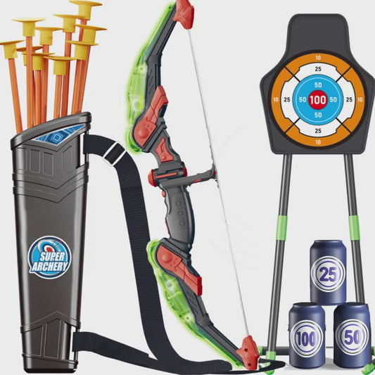 Bow and Arrow Set for Kids, 1 Pack LED Light Up Archery Set with 10 Suction Cup Arrows, Indoor and Outdoor Toy for Boys Girls Age 4-12 with Standing Target&1 Quivers