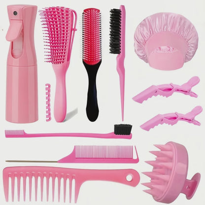 "11-Piece Professional Hair Styling Set - Durable PET Spray Bottle, Vent Brush, Shampoo Brush, Rat Tail Comb, Wide Tooth Comb, Edge Brush, Brow Brush, Crocodile Clips - Essential Hairdressing Tool Kit "